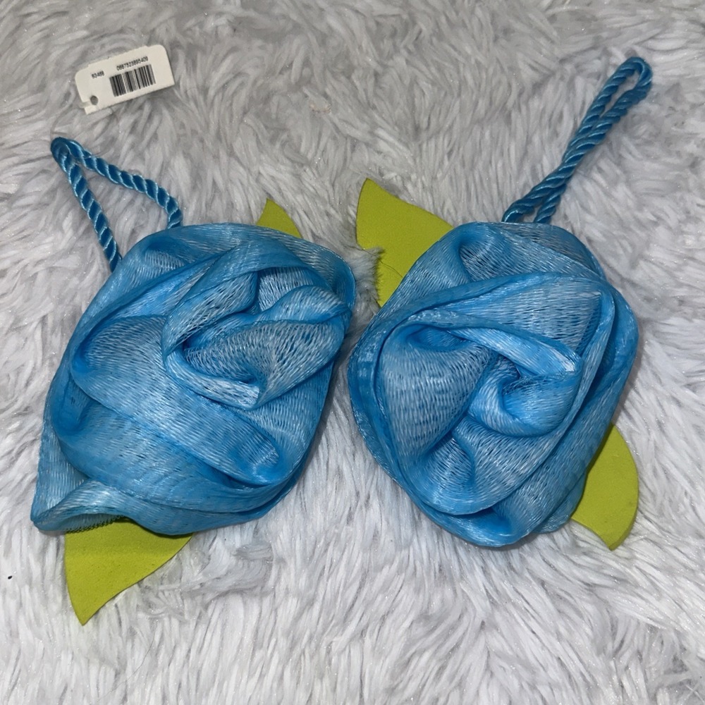 Blue Rose Flower Bath Sponge Mesh Loofah Body Scrubber Set of 2 with Rope Handle